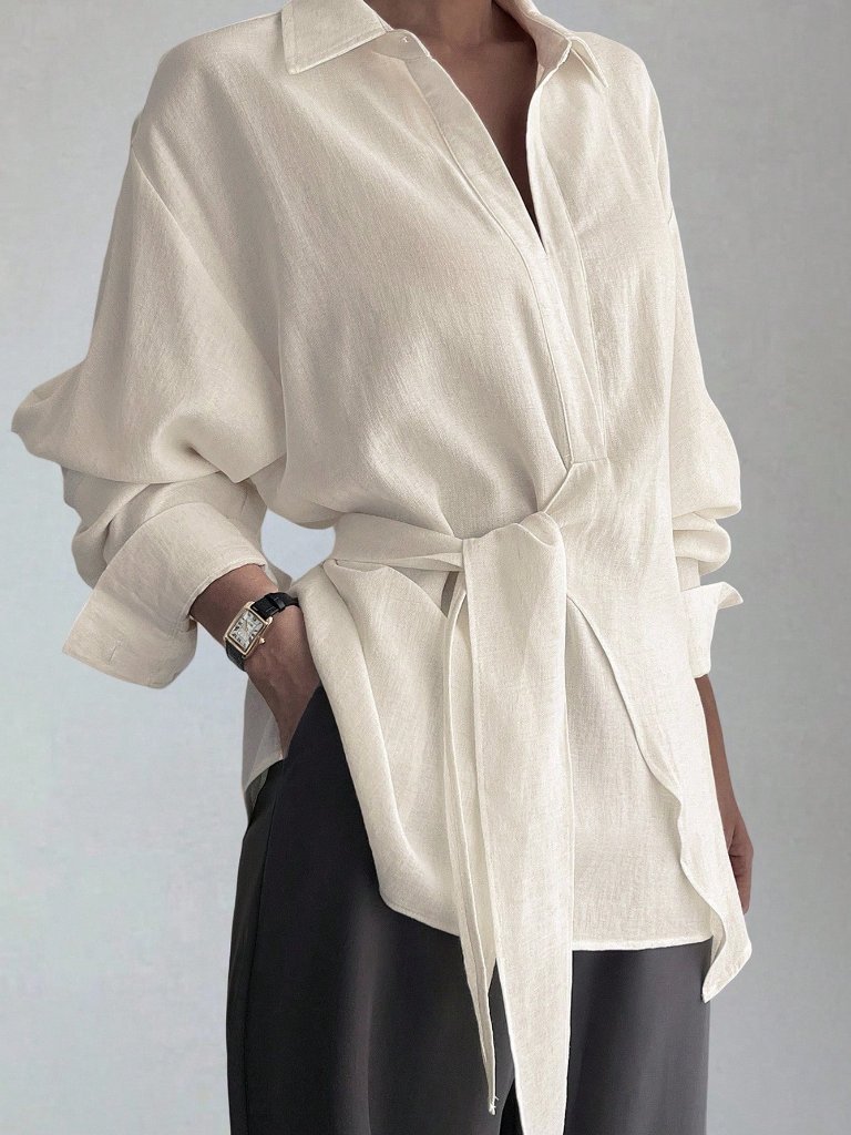 White Casual Women's Half-Placket Side Tie Long Sleeve Top